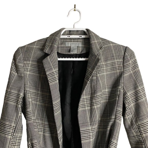 H&M Women's Black and White Plaid Belted Blazer Jacket - Picture 2 of 7
